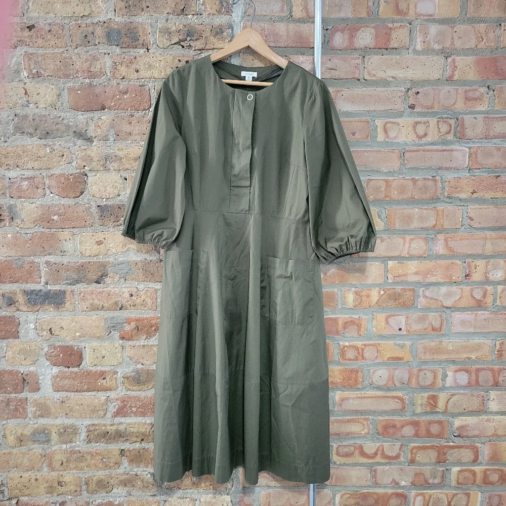 Cuyana Safari Olive Green Cotton Poplin Puff Sleeve Midi Dress Size Medium - Picture 2 of 6